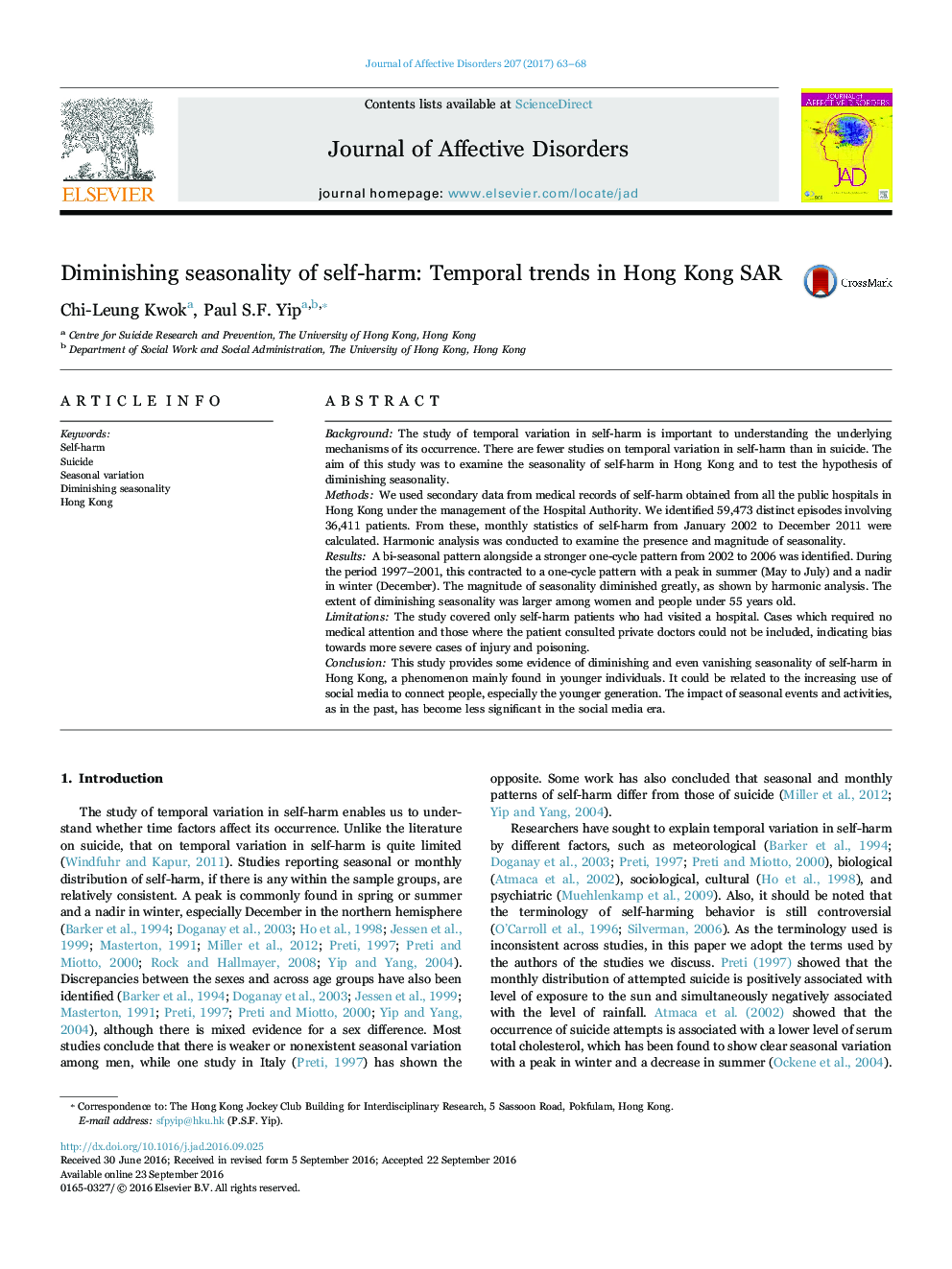 Diminishing seasonality of self-harm: Temporal trends in Hong Kong SAR