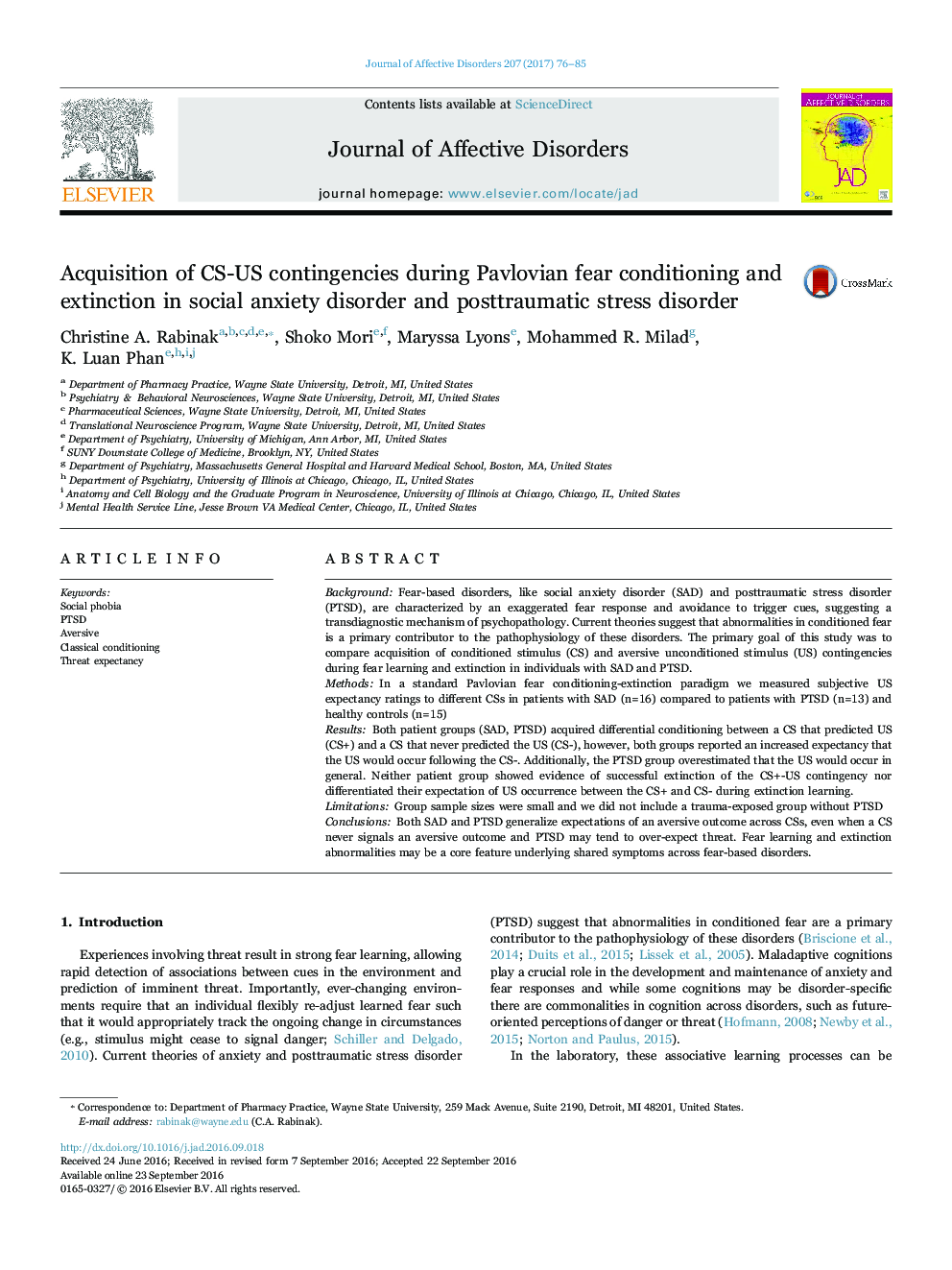 Acquisition of CS-US contingencies during Pavlovian fear conditioning and extinction in social anxiety disorder and posttraumatic stress disorder