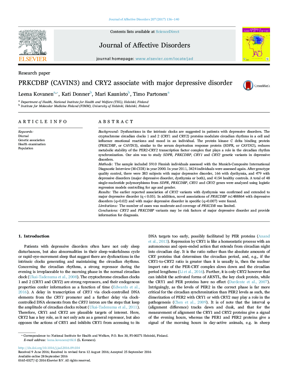 PRKCDBP (CAVIN3) and CRY2 associate with major depressive disorder