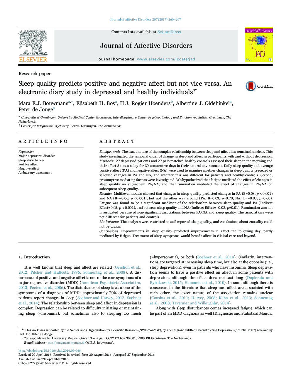 Sleep quality predicts positive and negative affect but not vice versa. An electronic diary study in depressed and healthy individuals