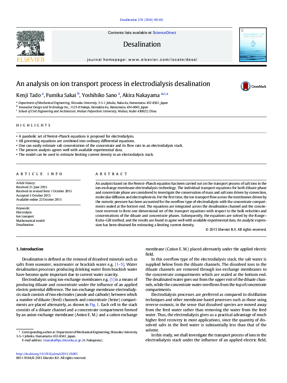 An analysis on ion transport process in electrodialysis desalination