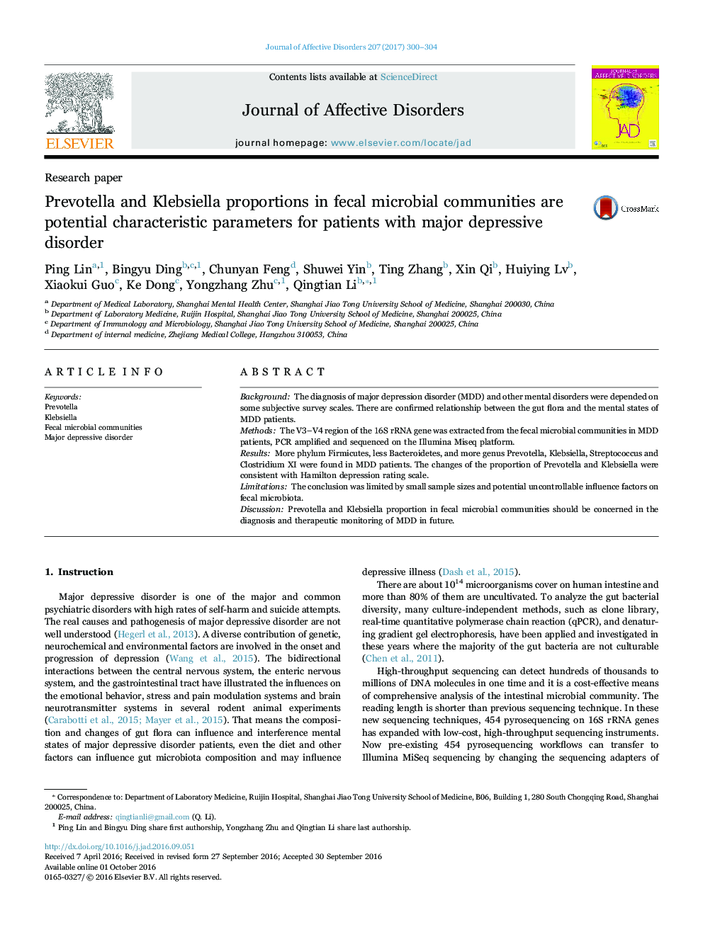 Prevotella and Klebsiella proportions in fecal microbial communities are potential characteristic parameters for patients with major depressive disorder