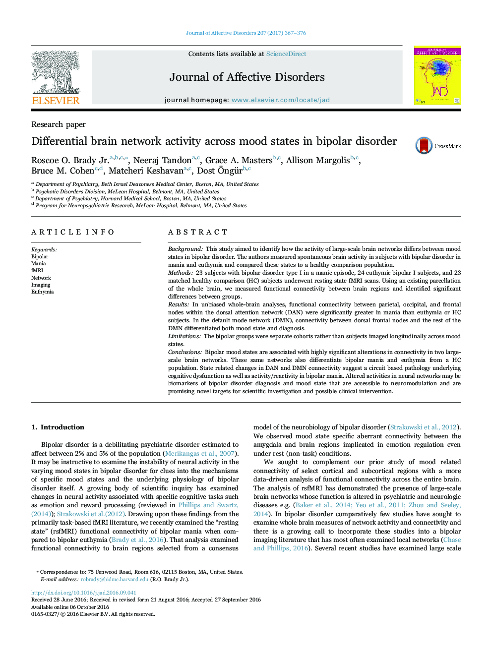 Differential brain network activity across mood states in bipolar disorder