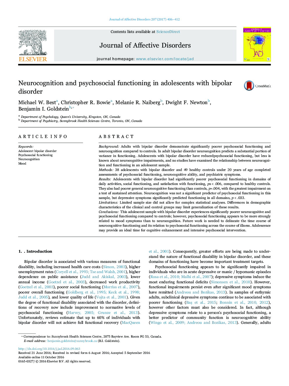 Neurocognition and psychosocial functioning in adolescents with bipolar disorder