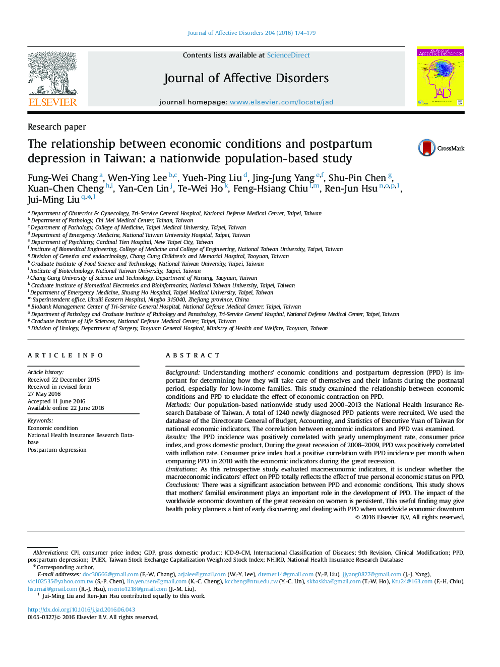 The relationship between economic conditions and postpartum depression in Taiwan: a nationwide population-based study