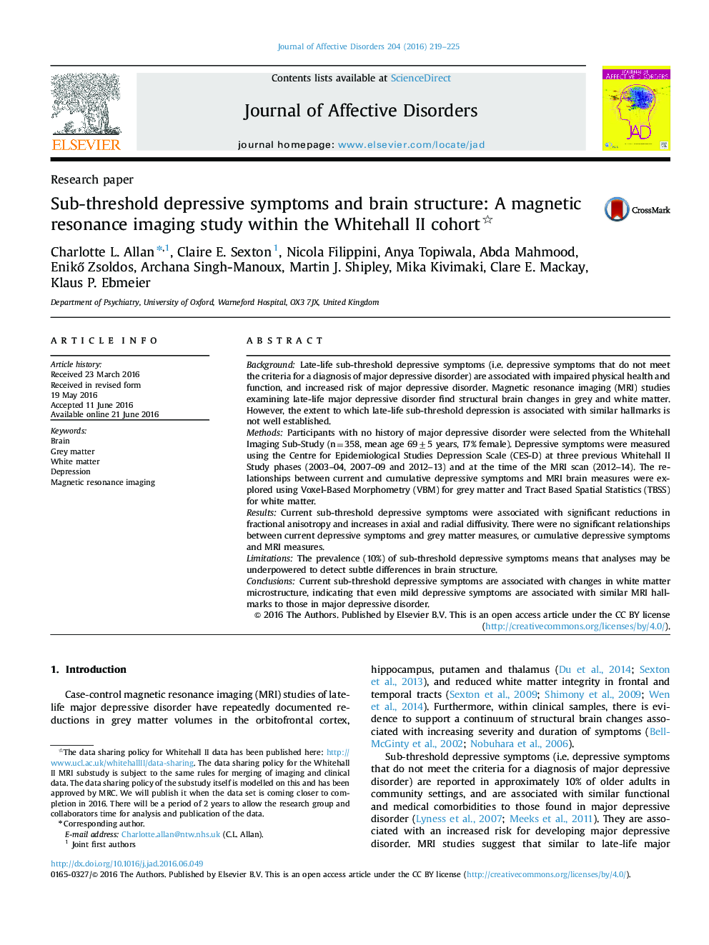 Sub-threshold depressive symptoms and brain structure: A magnetic resonance imaging study within the Whitehall II cohort