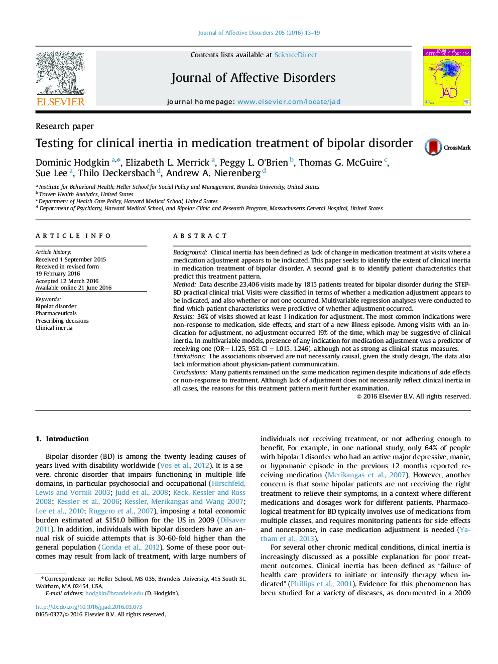 Testing for clinical inertia in medication treatment of bipolar disorder