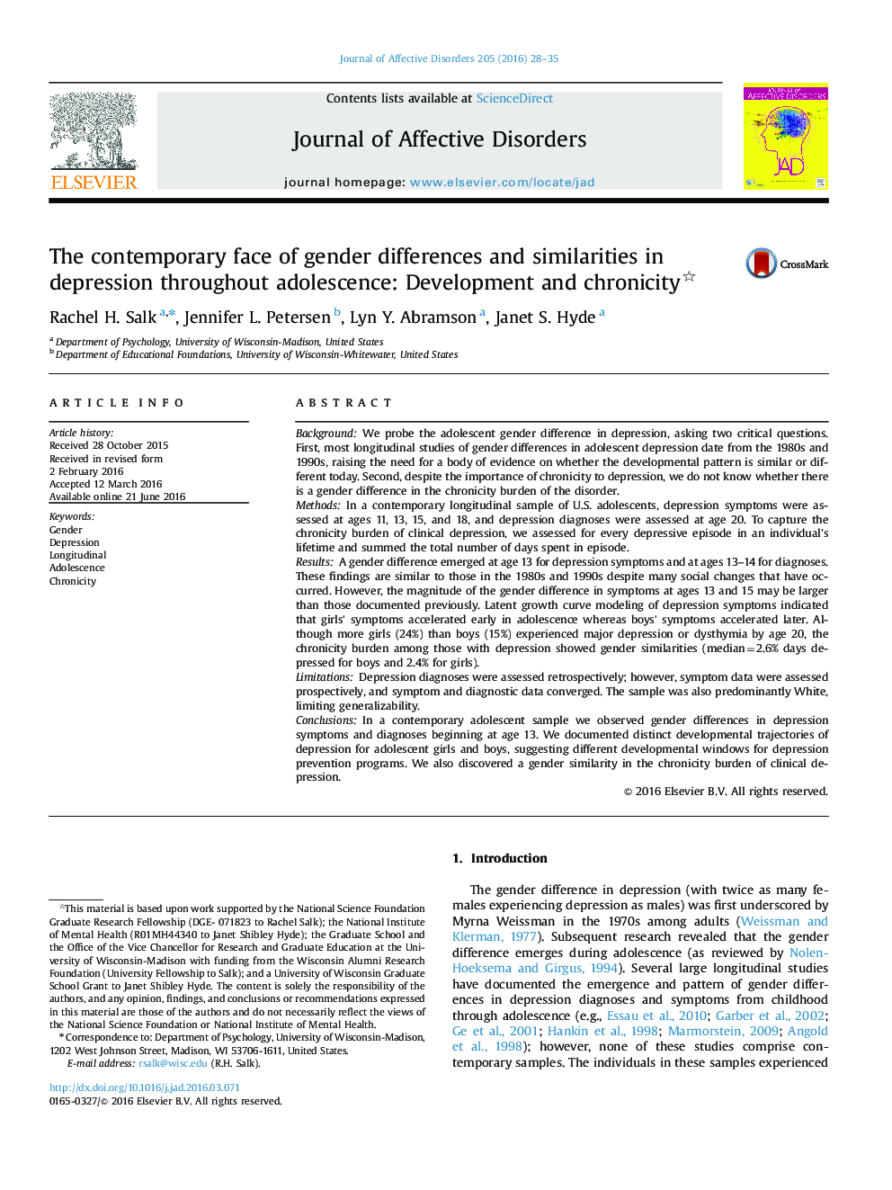 The contemporary face of gender differences and similarities in depression throughout adolescence: Development and chronicity 
