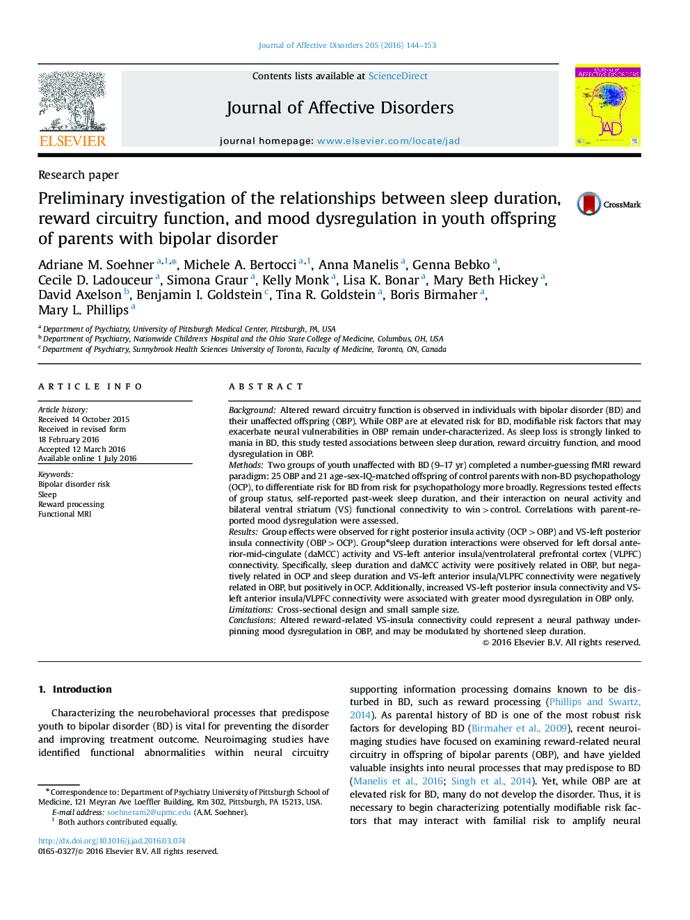 Preliminary investigation of the relationships between sleep duration, reward circuitry function, and mood dysregulation in youth offspring of parents with bipolar disorder