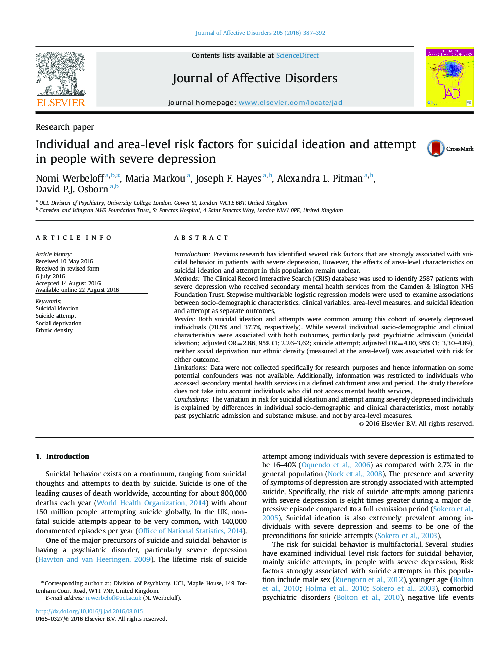 Individual and area-level risk factors for suicidal ideation and attempt in people with severe depression