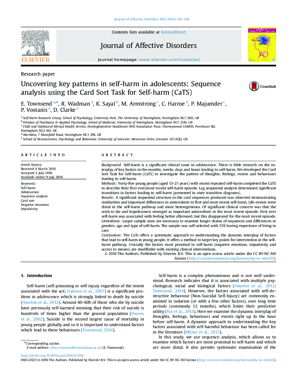 Uncovering key patterns in self-harm in adolescents: Sequence analysis using the Card Sort Task for Self-harm (CaTS)