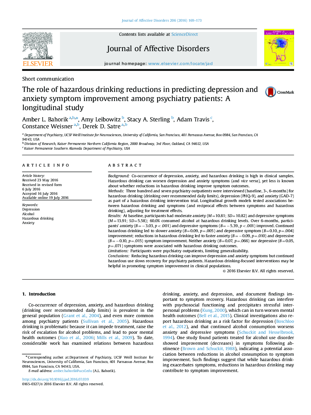 The role of hazardous drinking reductions in predicting depression and anxiety symptom improvement among psychiatry patients: A longitudinal study