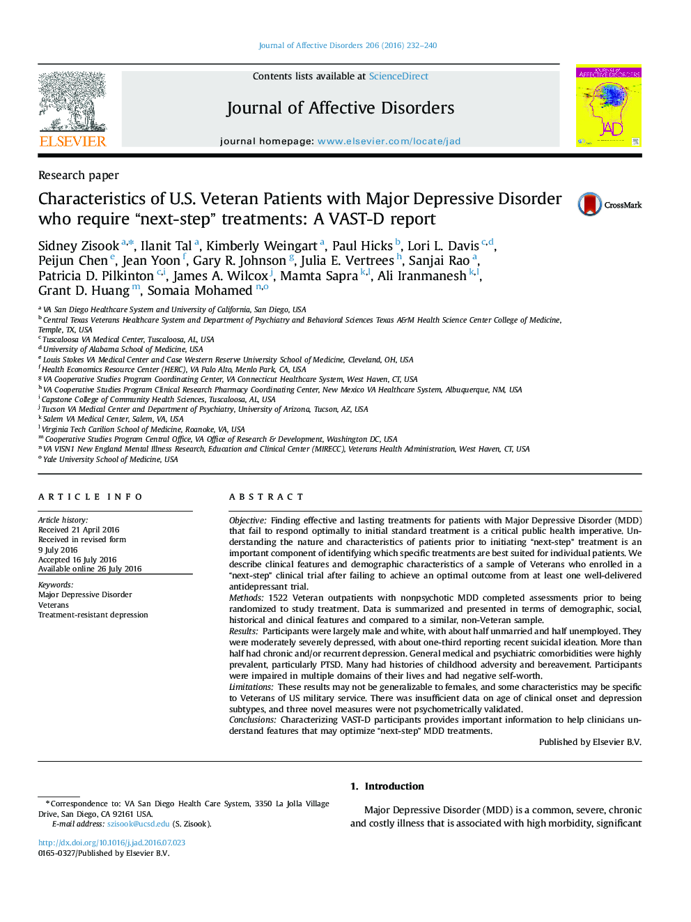 Characteristics of U.S. Veteran Patients with Major Depressive Disorder who require “next-step” treatments: A VAST-D report