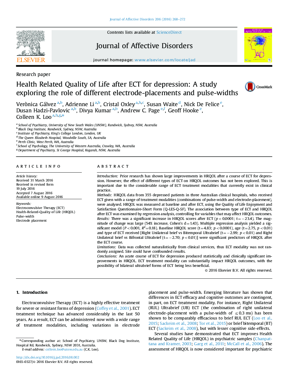 Health Related Quality of Life after ECT for depression: A study exploring the role of different electrode-placements and pulse-widths