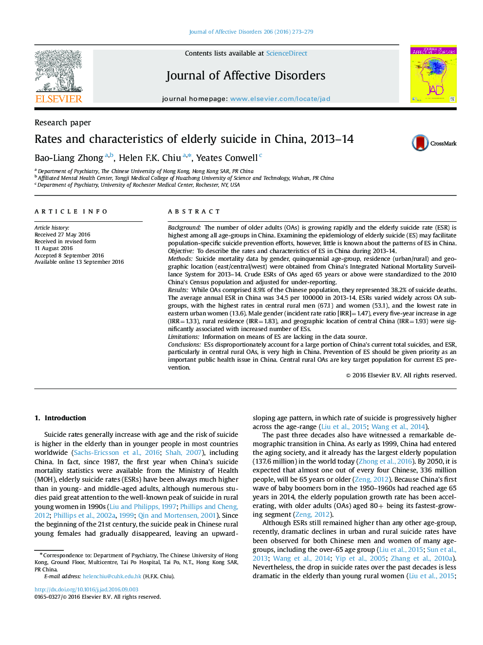 Rates and characteristics of elderly suicide in China, 2013-14