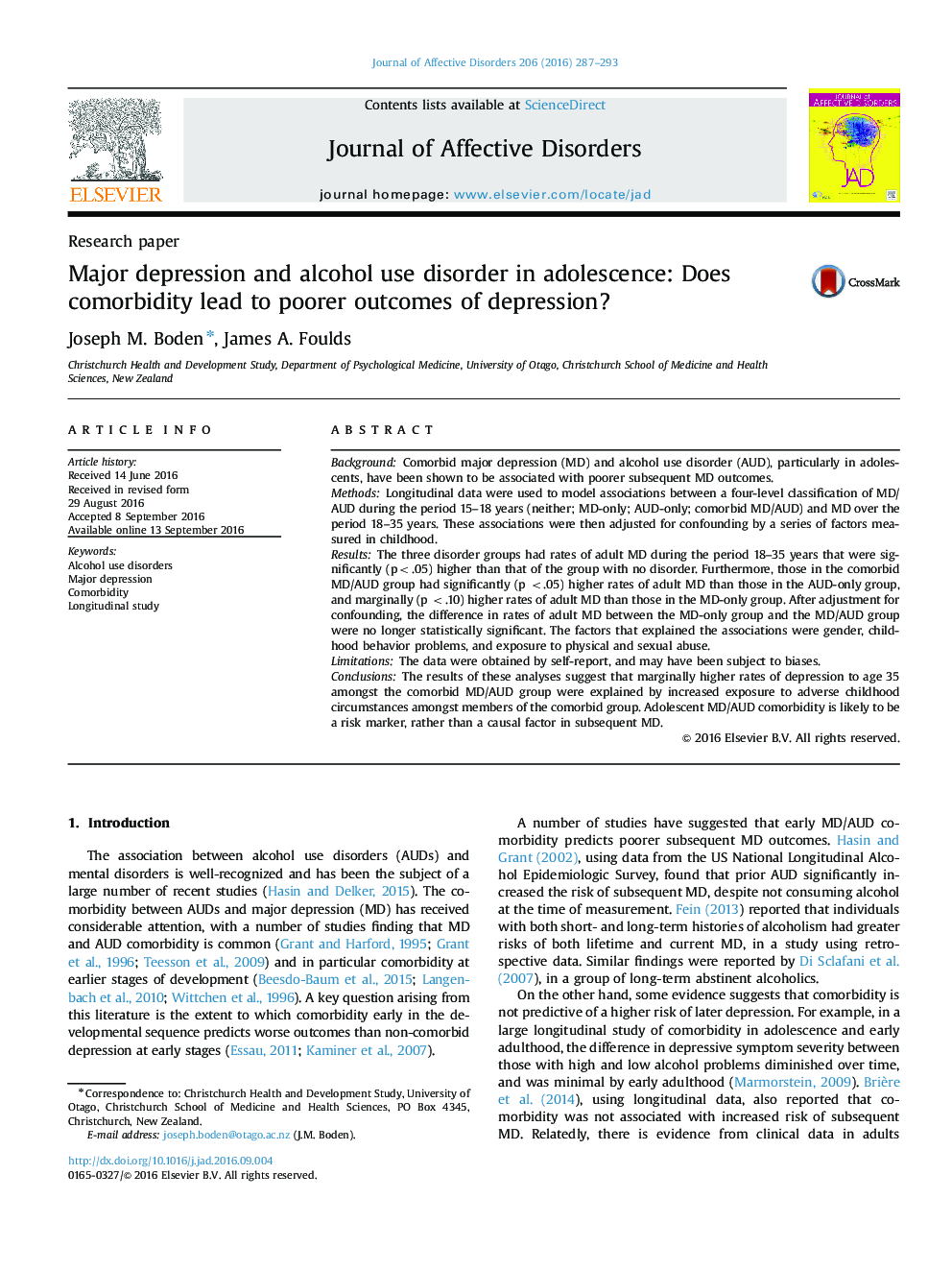 Major depression and alcohol use disorder in adolescence: Does comorbidity lead to poorer outcomes of depression?