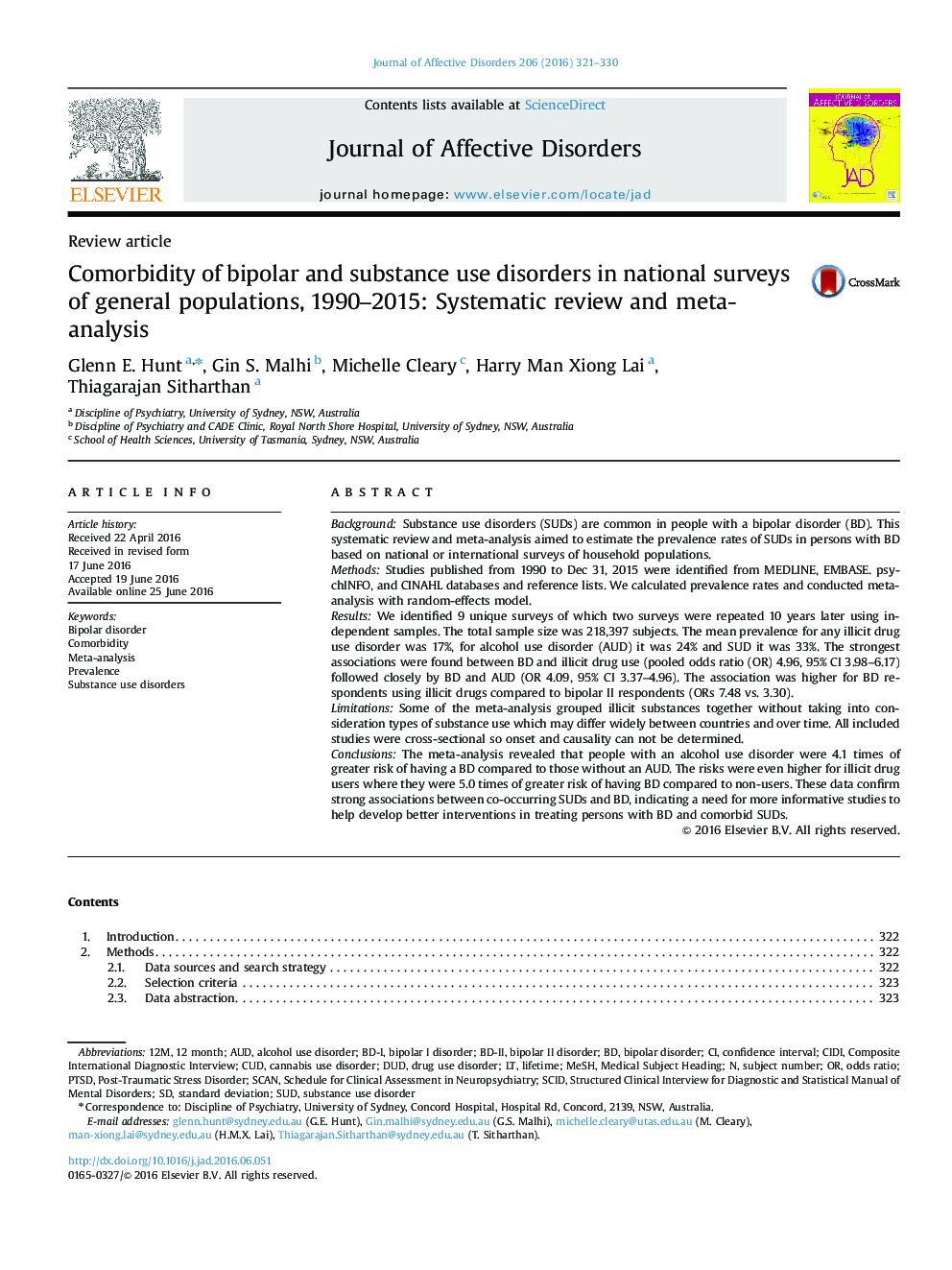 Comorbidity of bipolar and substance use disorders in national surveys of general populations, 1990-2015: Systematic review and meta-analysis