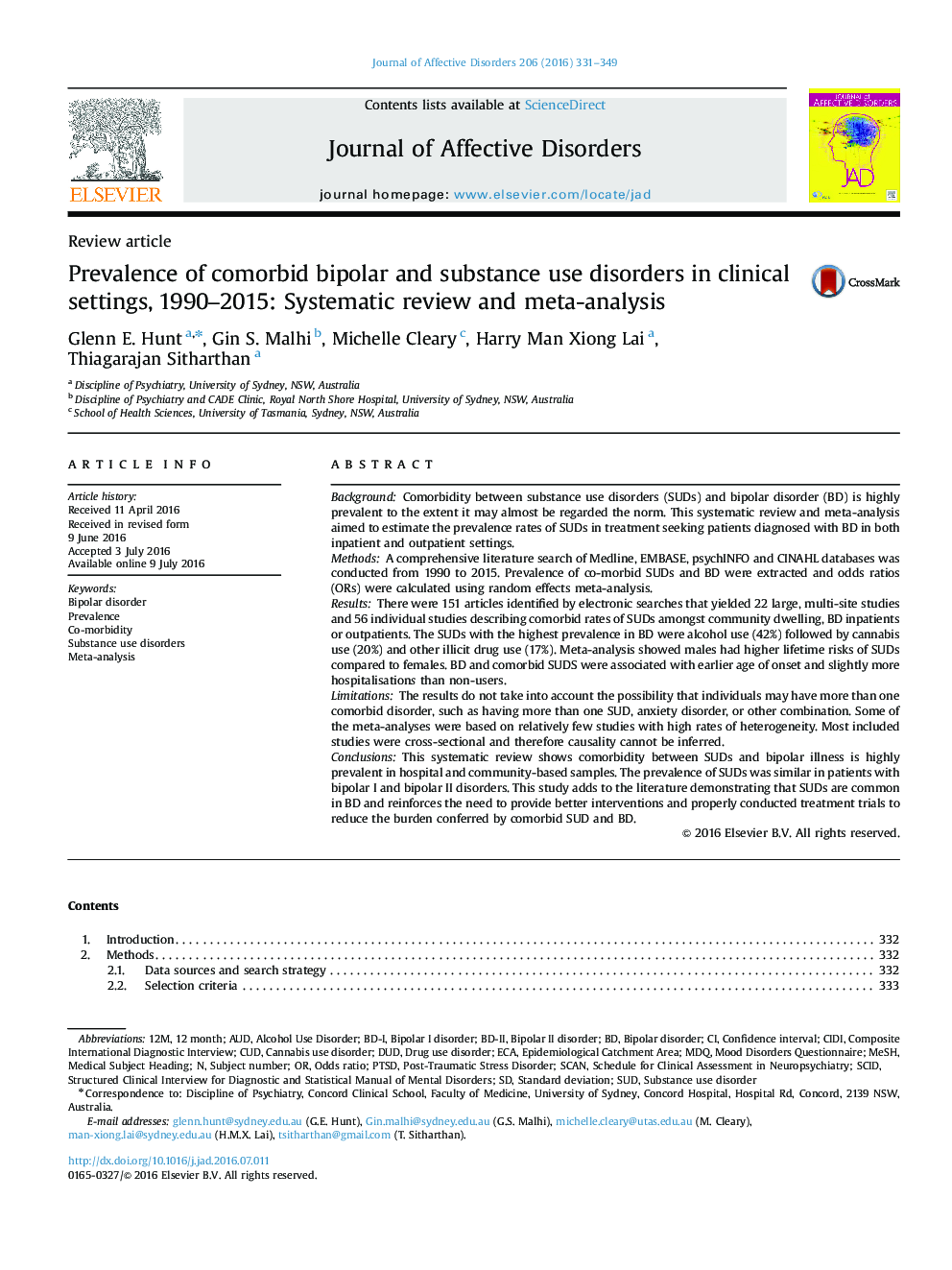 Prevalence of comorbid bipolar and substance use disorders in clinical settings, 1990-2015: Systematic review and meta-analysis