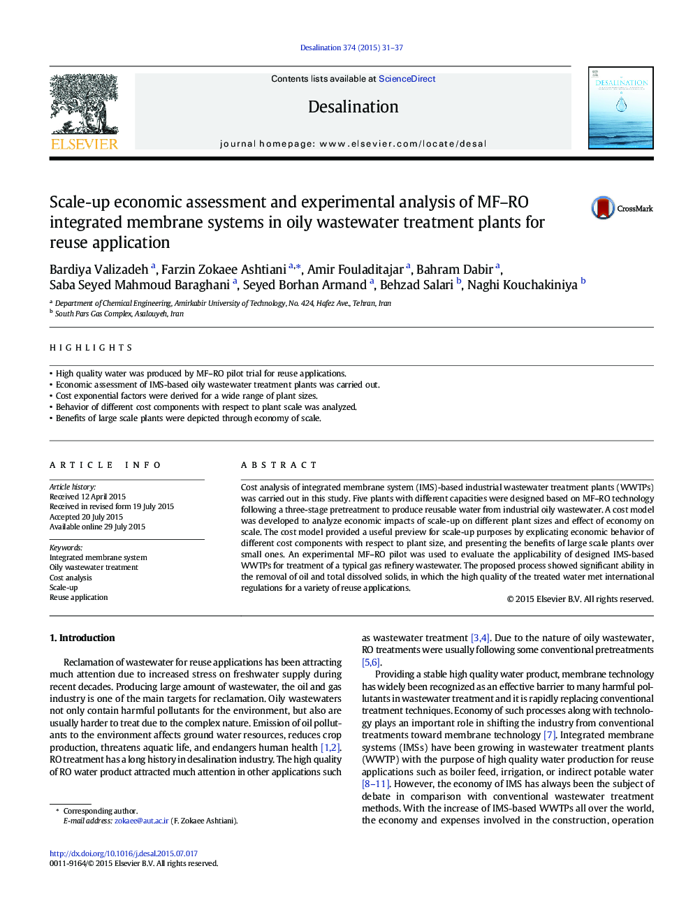 Scale-up economic assessment and experimental analysis of MF–RO integrated membrane systems in oily wastewater treatment plants for reuse application