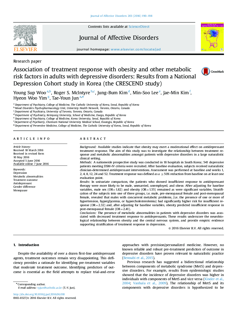 Association of treatment response with obesity and other metabolic risk factors in adults with depressive disorders: Results from a National Depression Cohort study in Korea (the CRESCEND study)