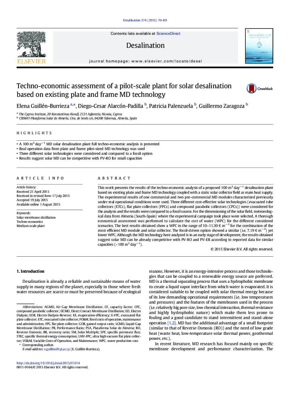 Techno-economic assessment of a pilot-scale plant for solar desalination based on existing plate and frame MD technology