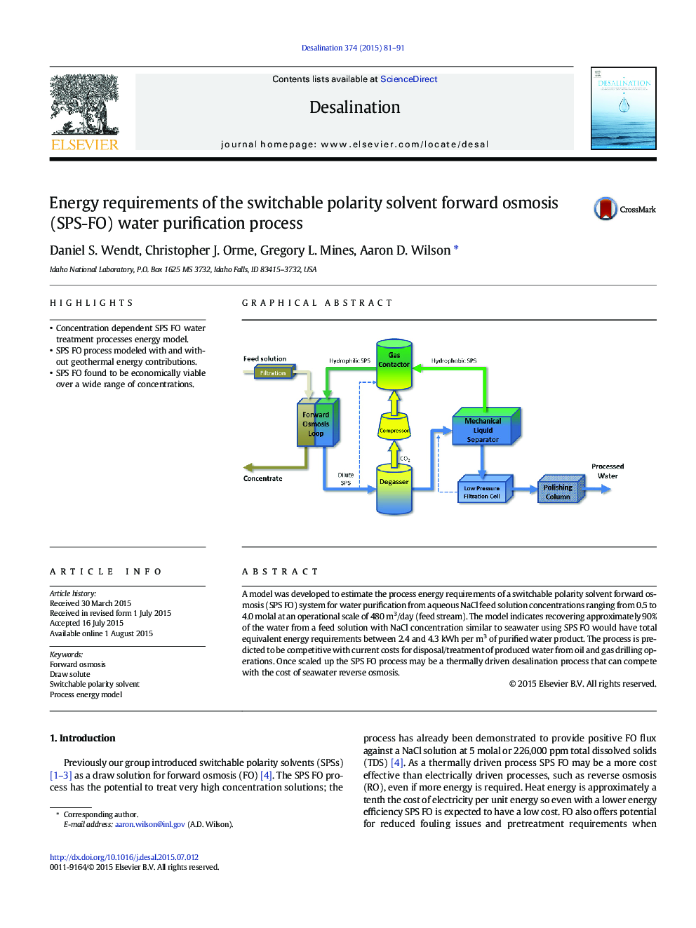 Energy requirements of the switchable polarity solvent forward osmosis (SPS-FO) water purification process