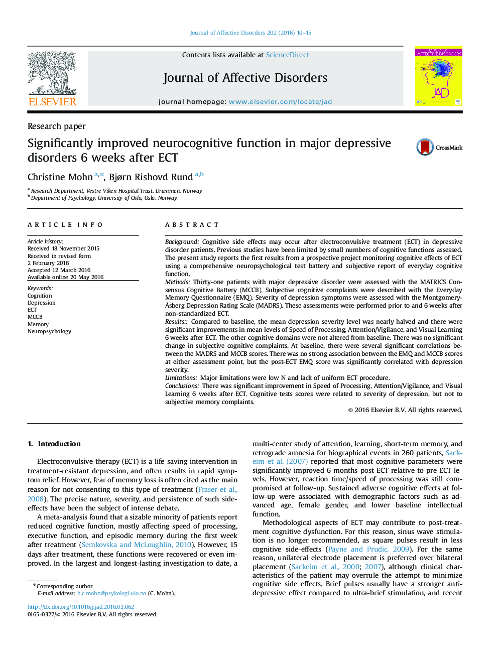 Significantly improved neurocognitive function in major depressive disorders 6 weeks after ECT
