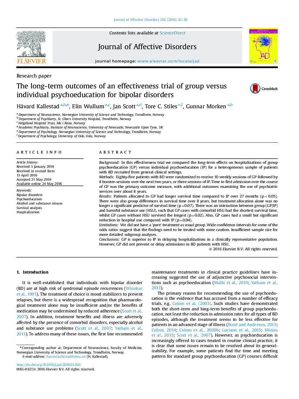 The long-term outcomes of an effectiveness trial of group versus individual psychoeducation for bipolar disorders