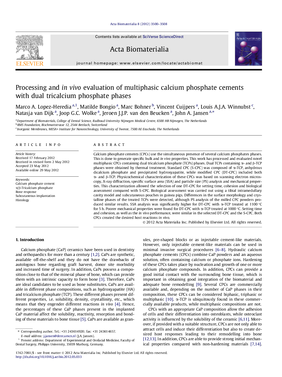 Processing and in vivo evaluation of multiphasic calcium phosphate cements with dual tricalcium phosphate phases