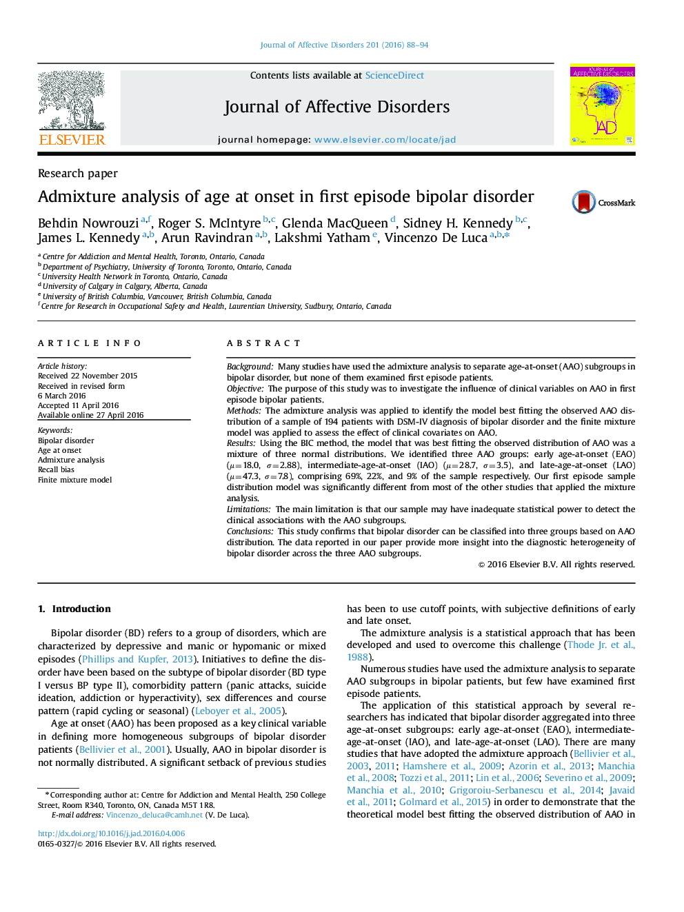 Admixture analysis of age at onset in first episode bipolar disorder