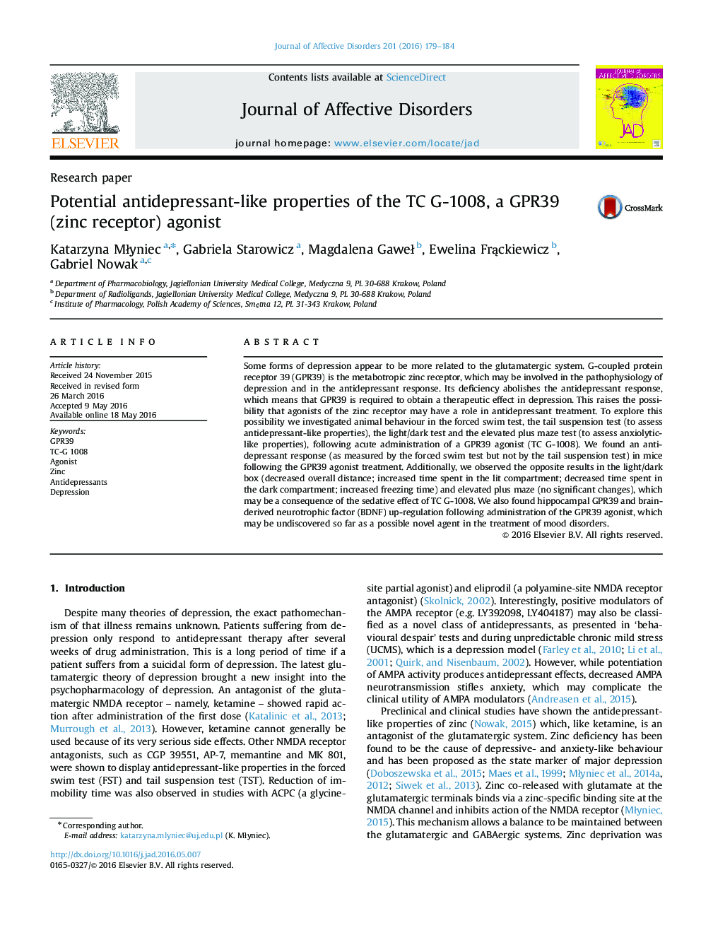 Potential antidepressant-like properties of the TC G-1008, a GPR39 (zinc receptor) agonist