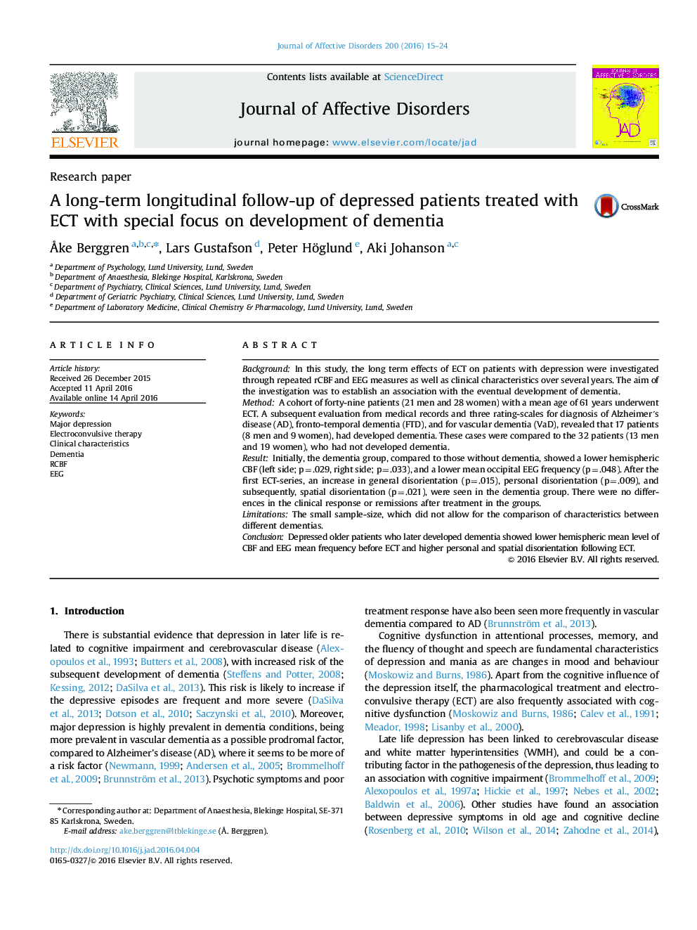 A long-term longitudinal follow-up of depressed patients treated with ECT with special focus on development of dementia