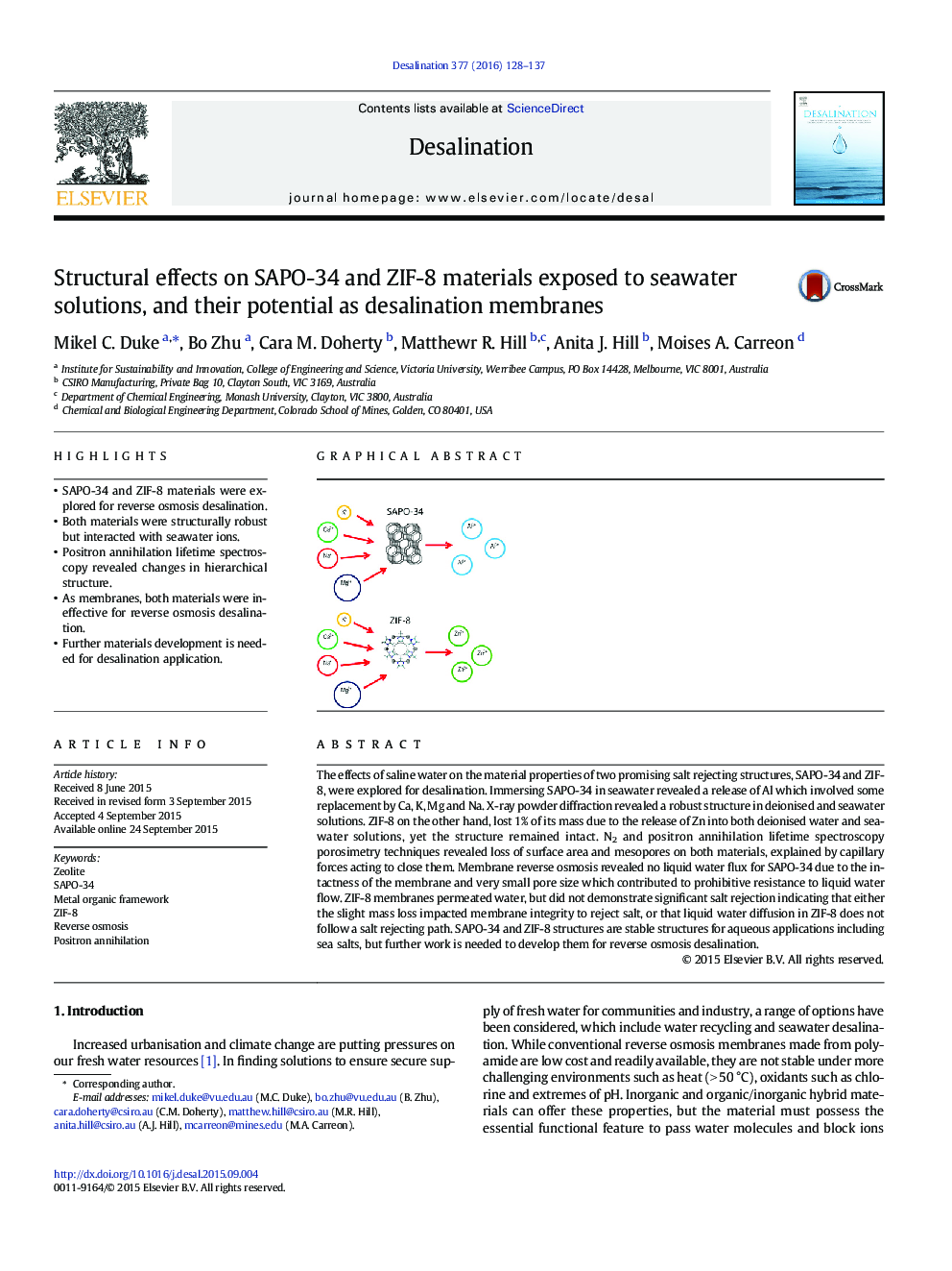 Structural effects on SAPO-34 and ZIF-8 materials exposed to seawater solutions, and their potential as desalination membranes