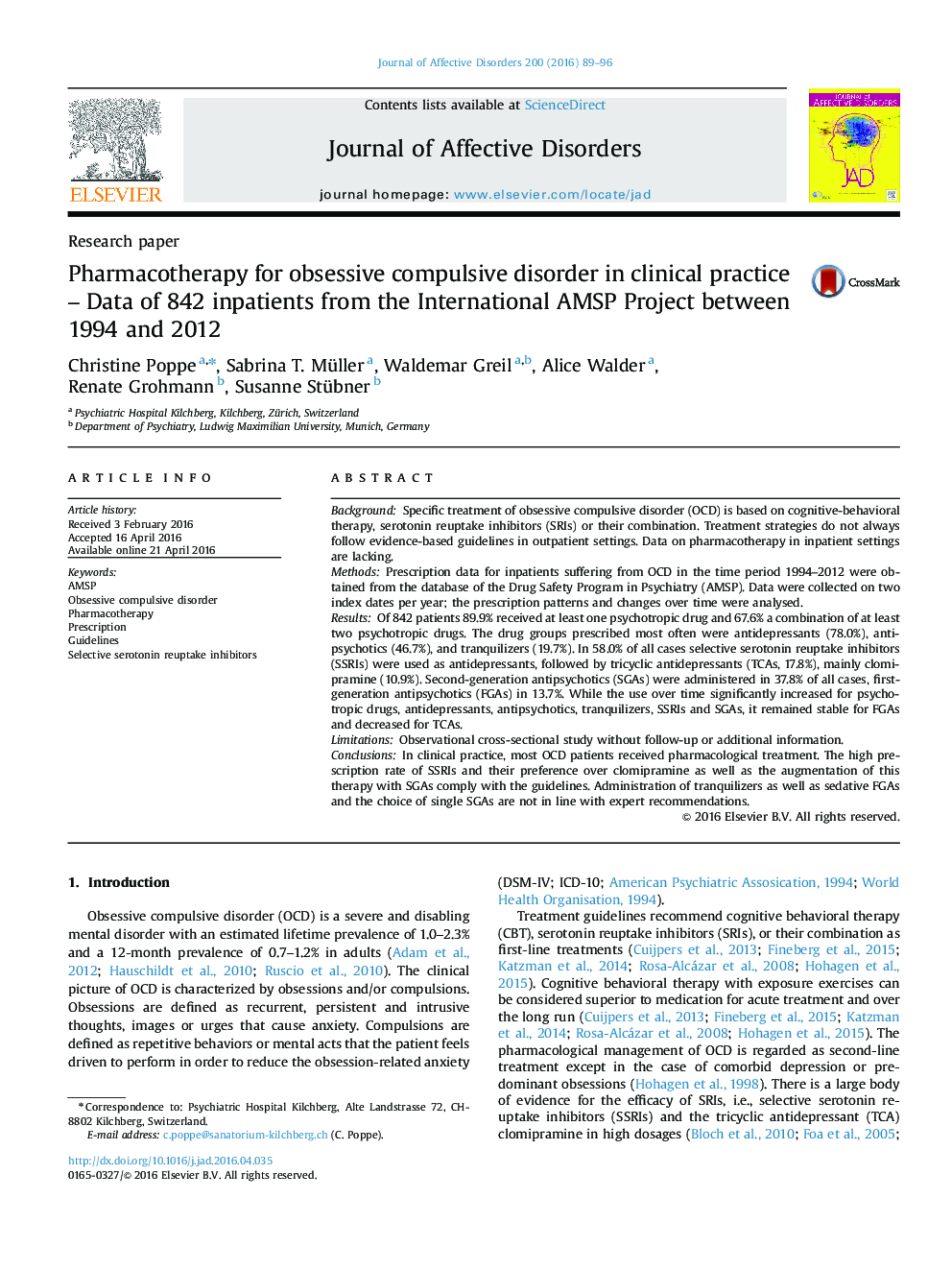 Pharmacotherapy for obsessive compulsive disorder in clinical practice - Data of 842 inpatients from the International AMSP Project between 1994 and 2012