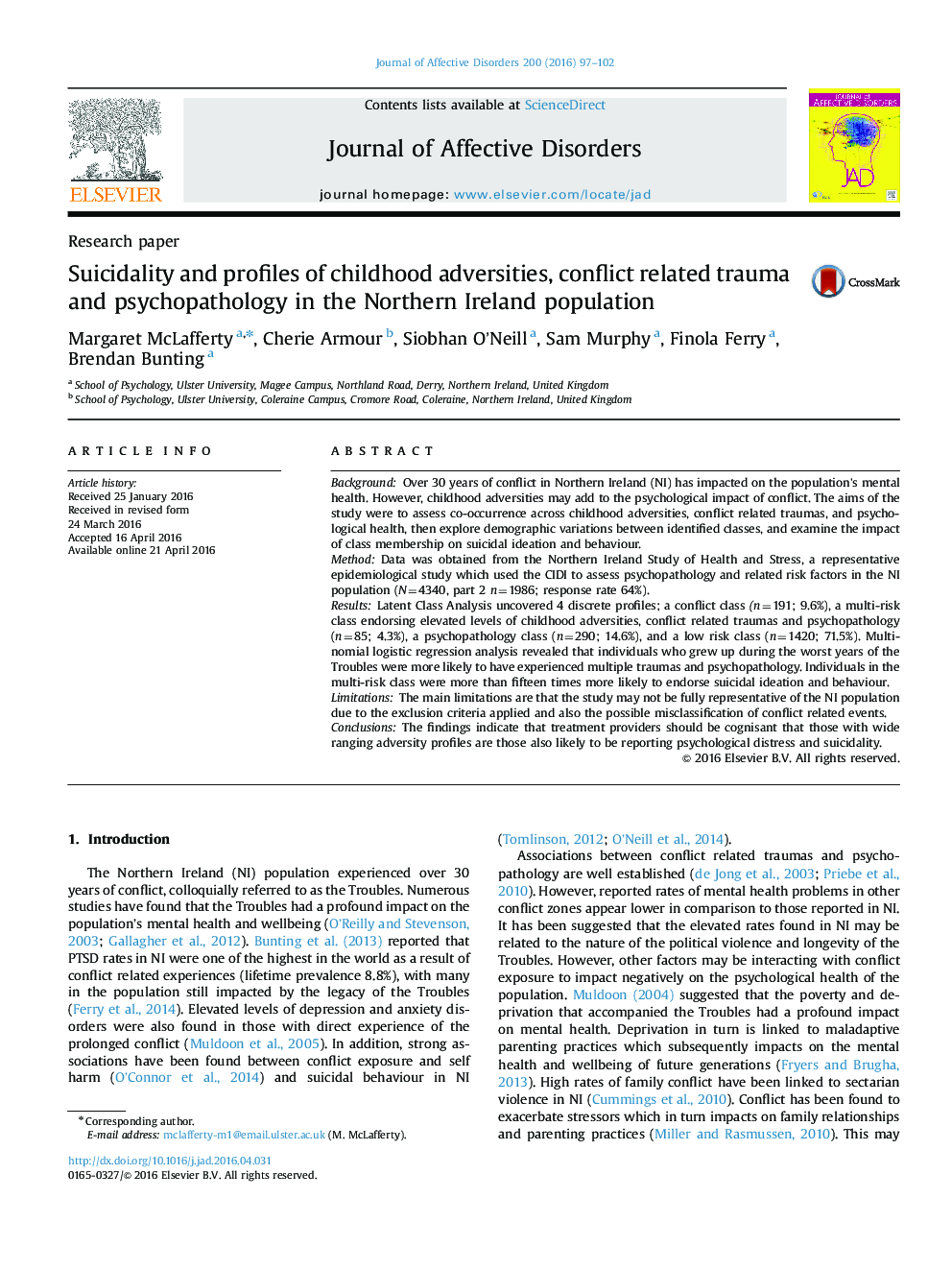 Suicidality and profiles of childhood adversities, conflict related trauma and psychopathology in the Northern Ireland population
