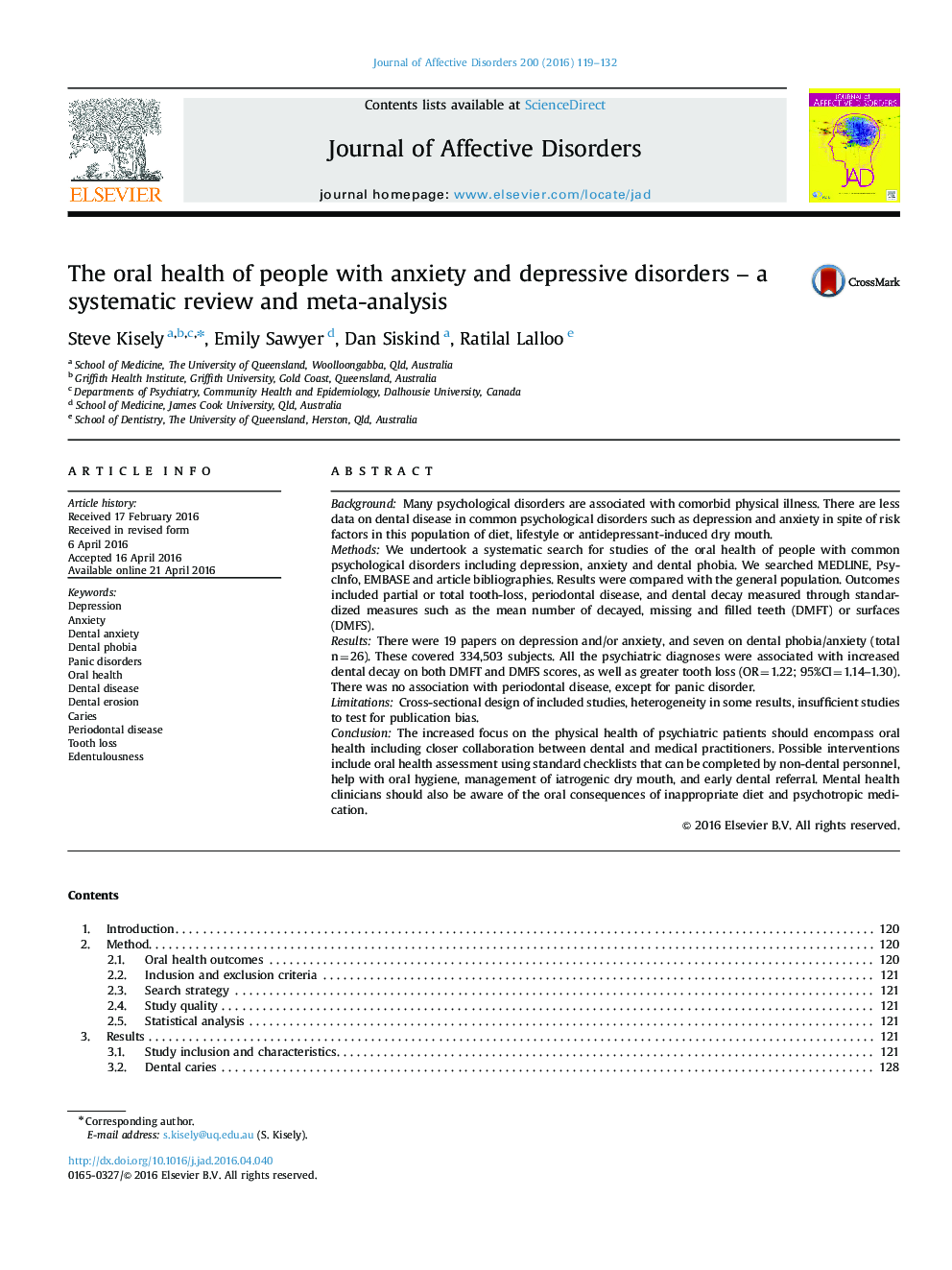 The oral health of people with anxiety and depressive disorders - a systematic review and meta-analysis