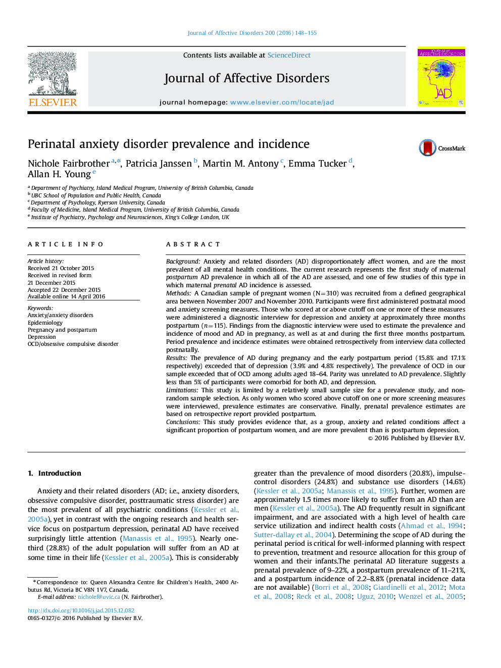 Perinatal anxiety disorder prevalence and incidence