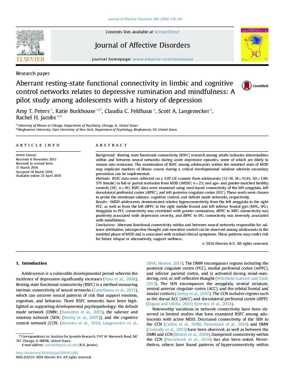 Aberrant resting-state functional connectivity in limbic and cognitive control networks relates to depressive rumination and mindfulness: A pilot study among adolescents with a history of depression
