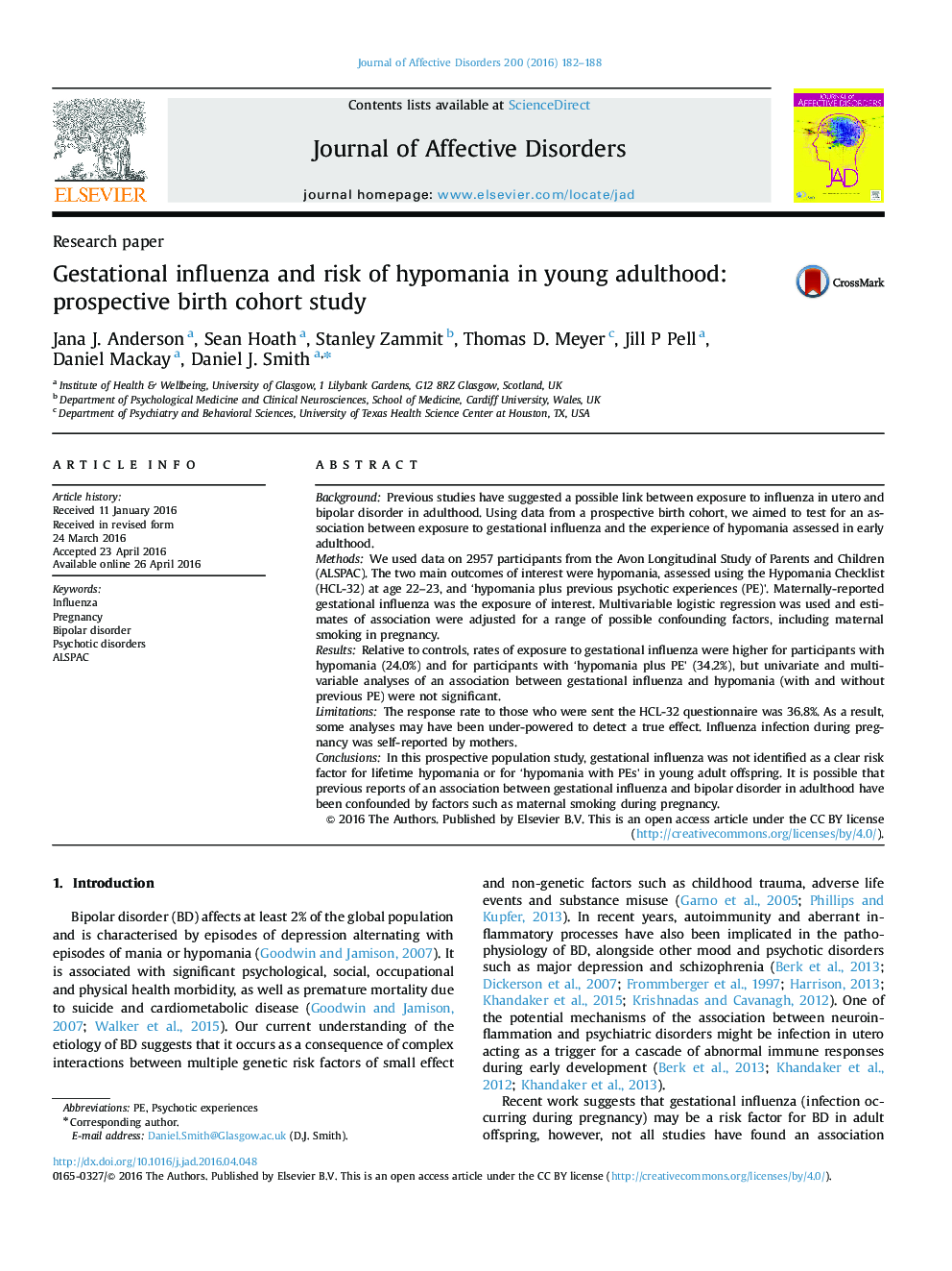 Gestational influenza and risk of hypomania in young adulthood: prospective birth cohort study