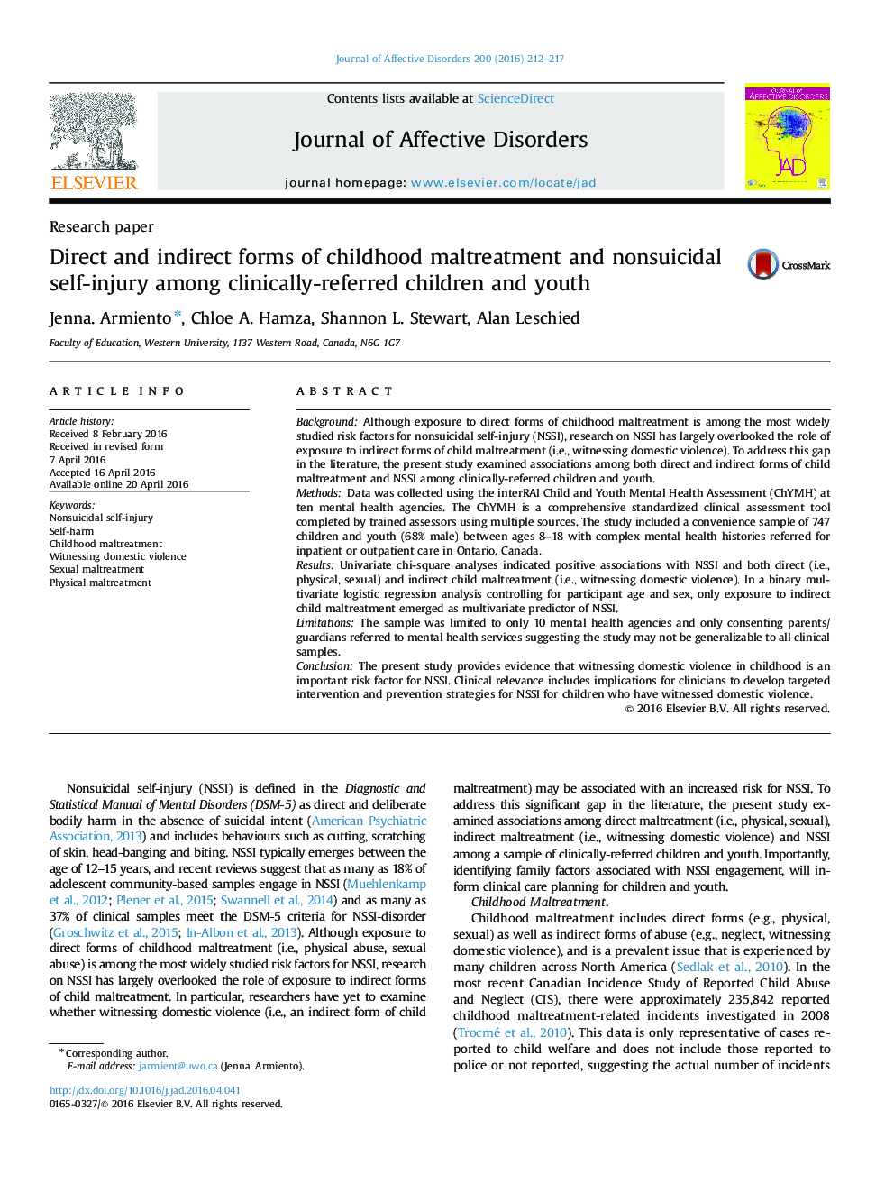 Direct and indirect forms of childhood maltreatment and nonsuicidal self-injury among clinically-referred children and youth