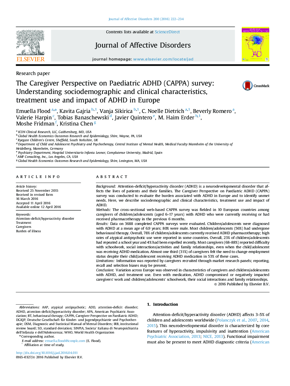 The Caregiver Perspective on Paediatric ADHD (CAPPA) survey: Understanding sociodemographic and clinical characteristics, treatment use and impact of ADHD in Europe