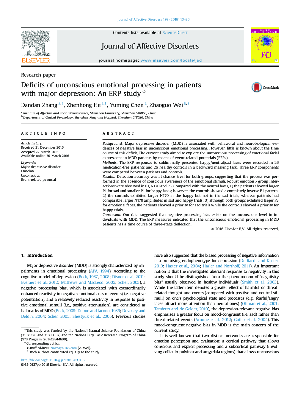 Deficits of unconscious emotional processing in patients with major depression: An ERP study