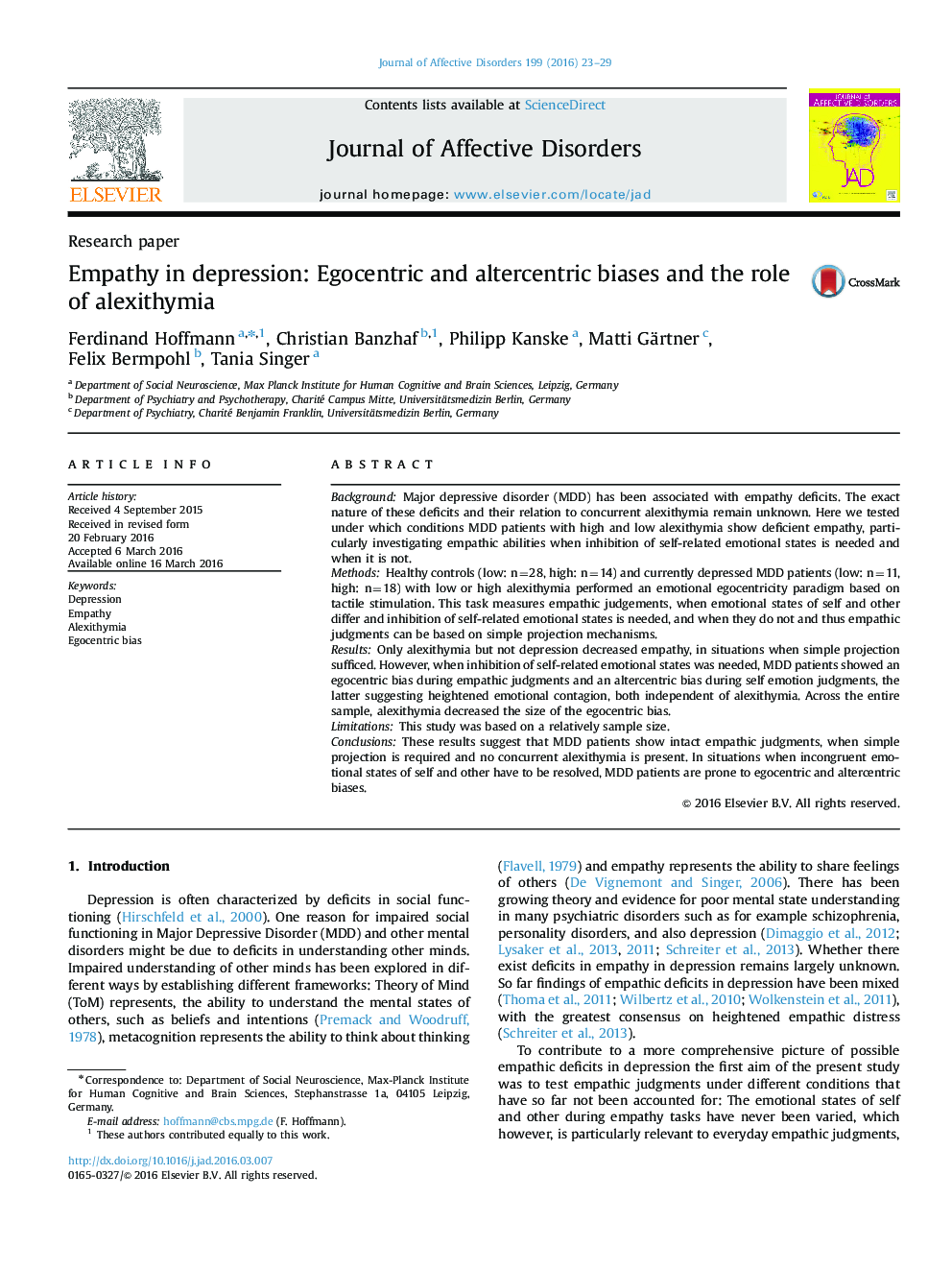 Empathy in depression: Egocentric and altercentric biases and the role of alexithymia