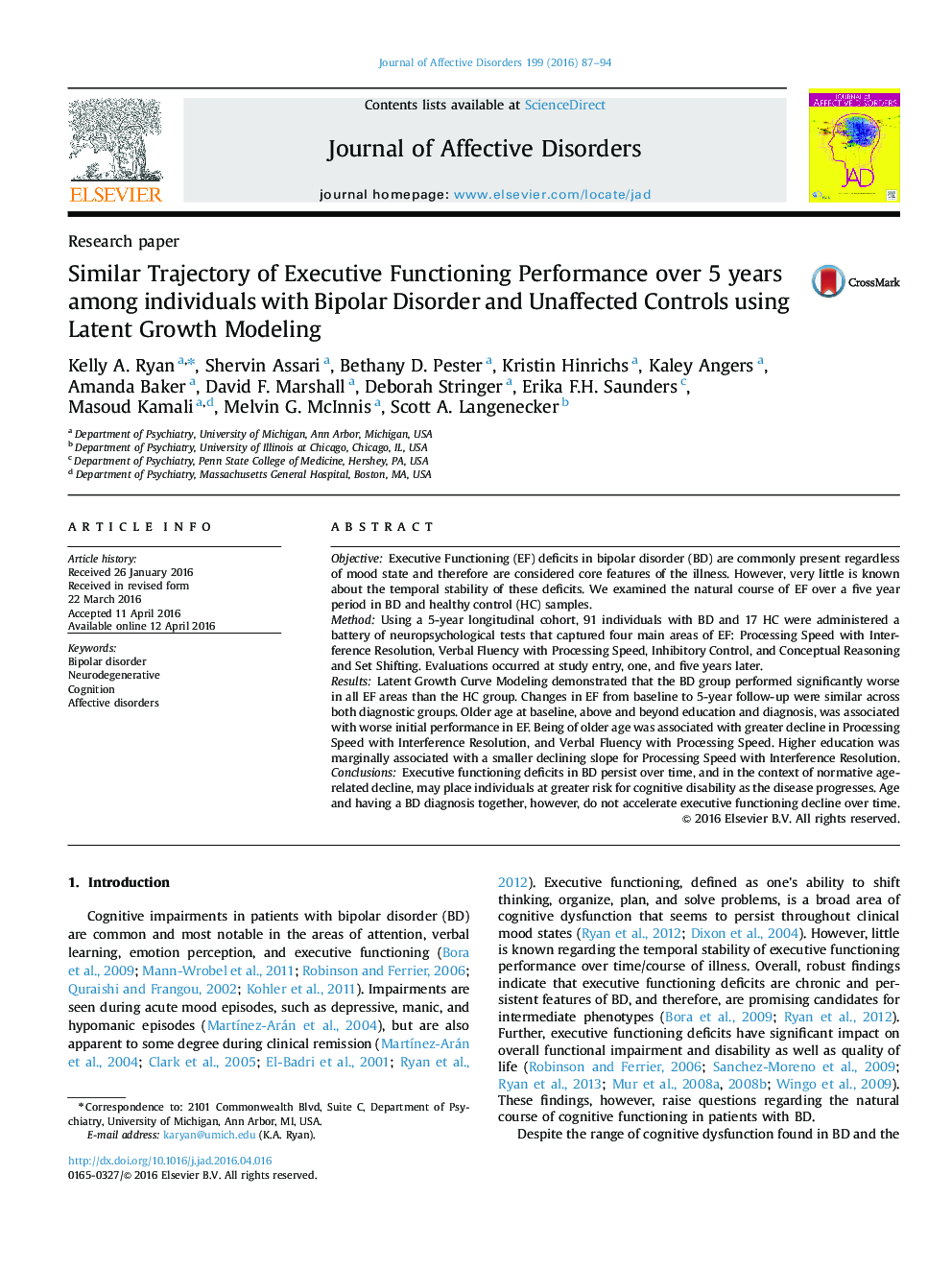 Similar Trajectory of Executive Functioning Performance over 5 years among individuals with Bipolar Disorder and Unaffected Controls using Latent Growth Modeling