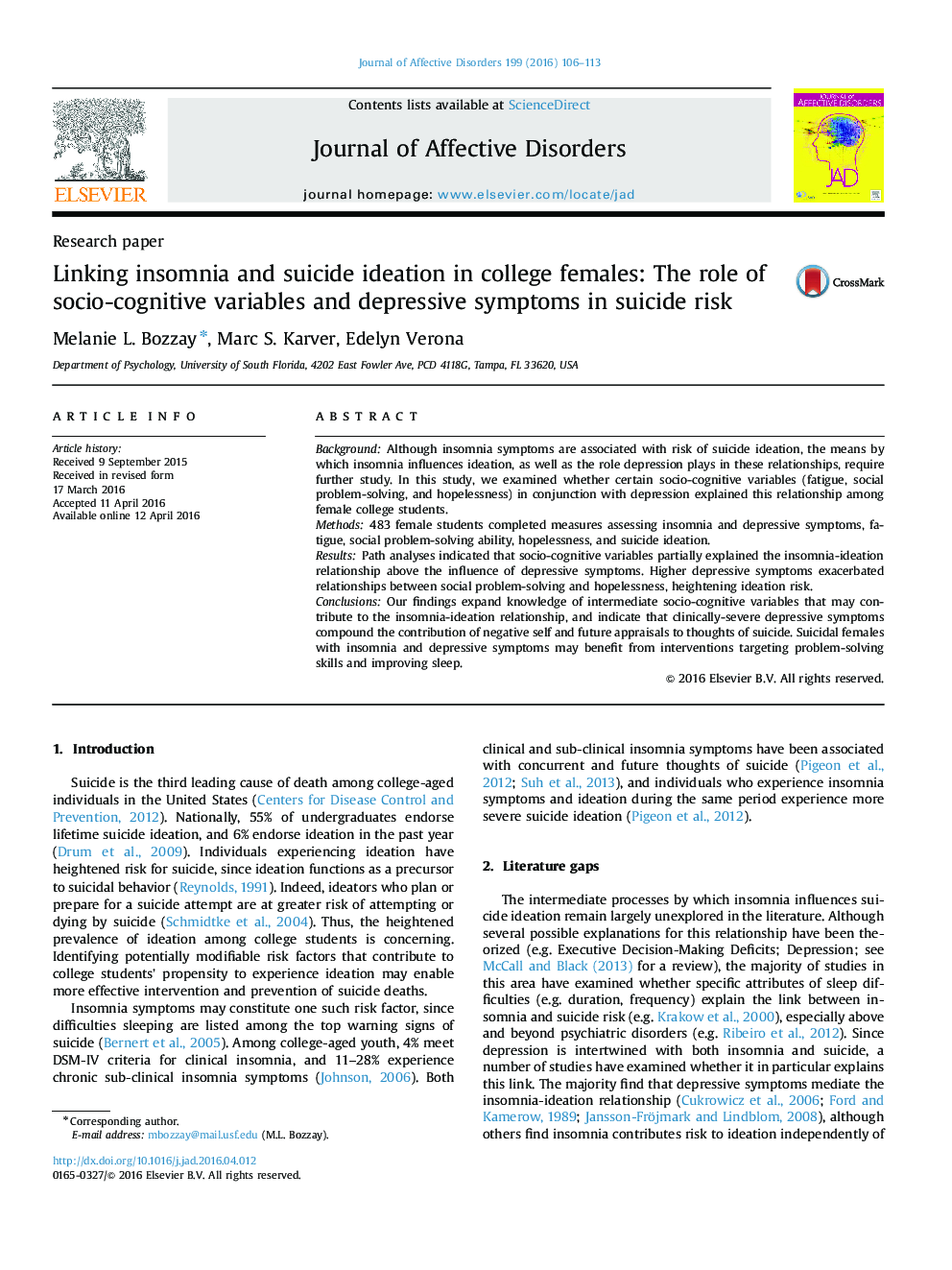 Linking insomnia and suicide ideation in college females: The role of socio-cognitive variables and depressive symptoms in suicide risk