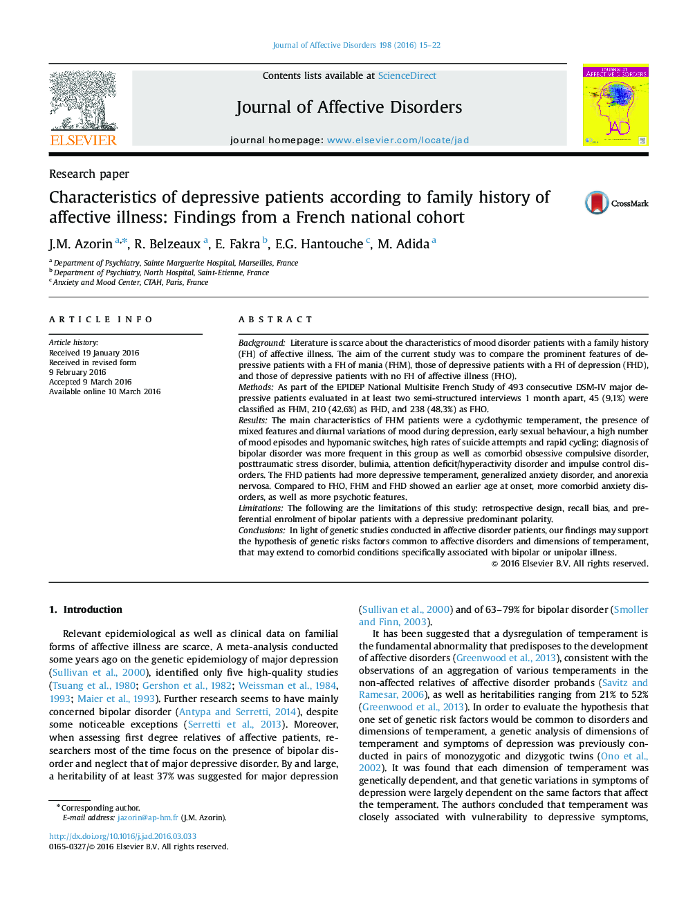 Characteristics of depressive patients according to family history of affective illness: Findings from a French national cohort