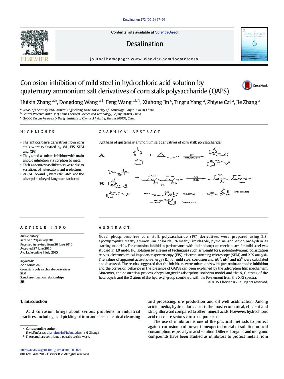 Corrosion inhibition of mild steel in hydrochloric acid solution by quaternary ammonium salt derivatives of corn stalk polysaccharide (QAPS)