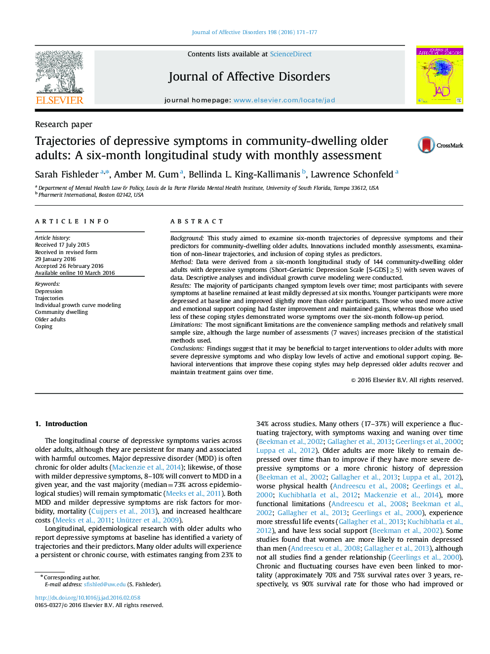 Trajectories of depressive symptoms in community-dwelling older adults: A six-month longitudinal study with monthly assessment