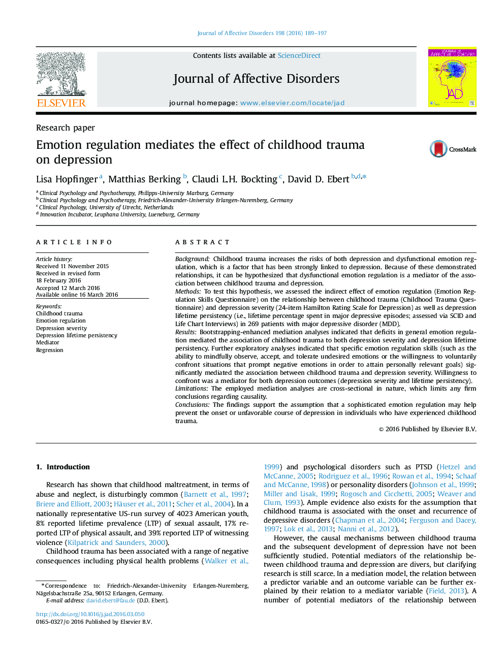 Emotion regulation mediates the effect of childhood trauma on depression