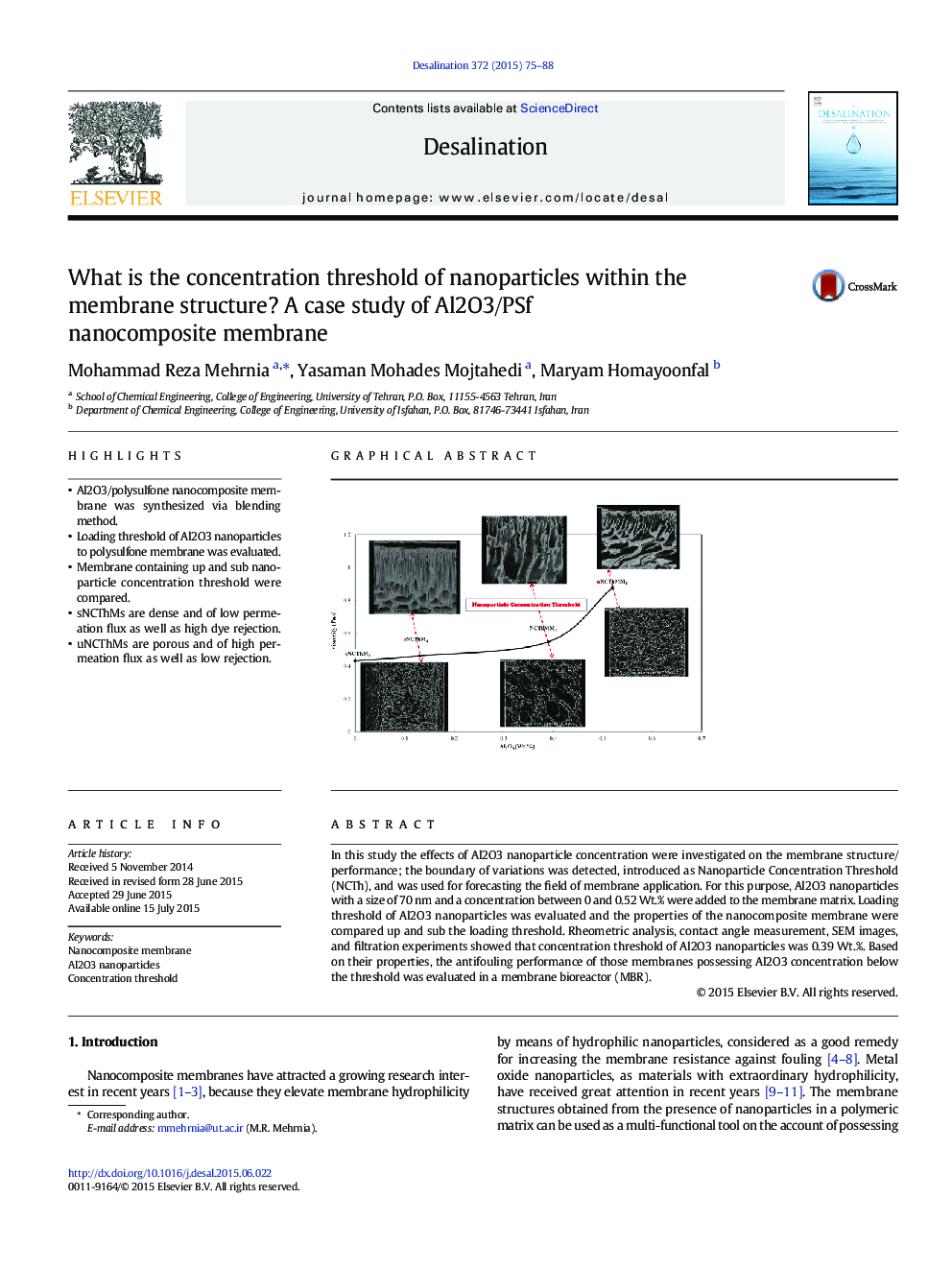 What is the concentration threshold of nanoparticles within the membrane structure? A case study of Al2O3/PSf nanocomposite membrane